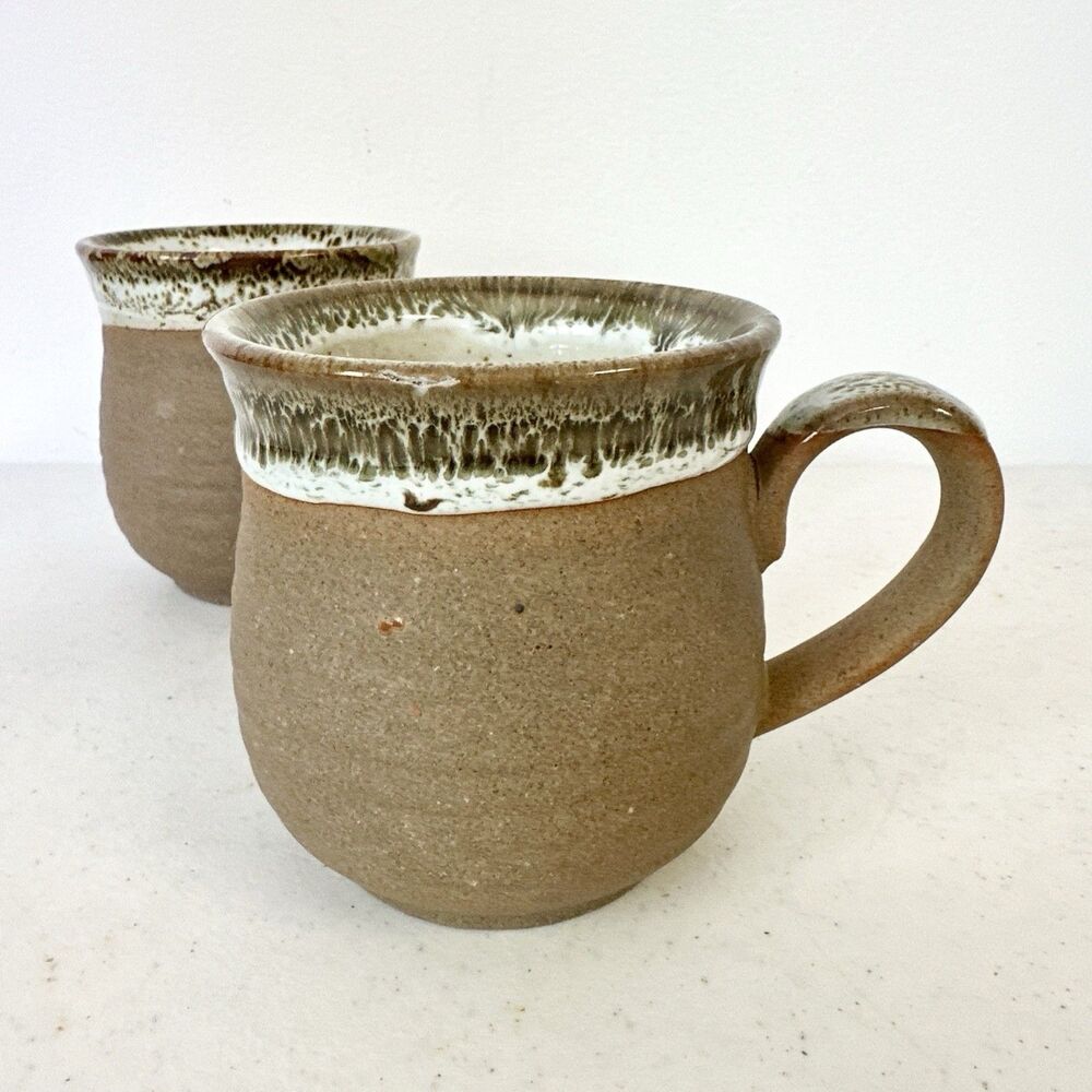 Set Of Two Dipped Spotted Glaze STONEWARE Mugs Pottery Rustic - Picture 2 of 11